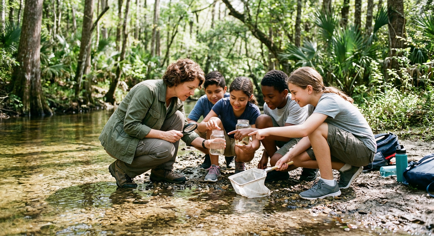 Students examining water samples at the edge of a stream